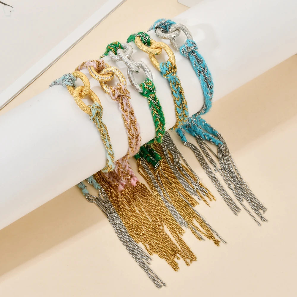 ZMZY Pave Crystal Bohemian Stainless Steel Chain Hand Weave Braided Boho Bracelet Summer Beach Vintage Cotton Rope String Yoga