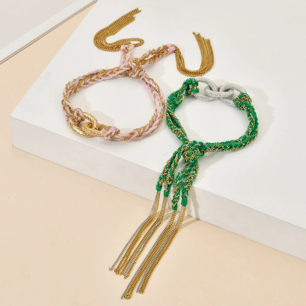 ZMZY Pave Crystal Bohemian Stainless Steel Chain Hand Weave Braided Boho Bracelet Summer Beach Vintage Cotton Rope String Yoga