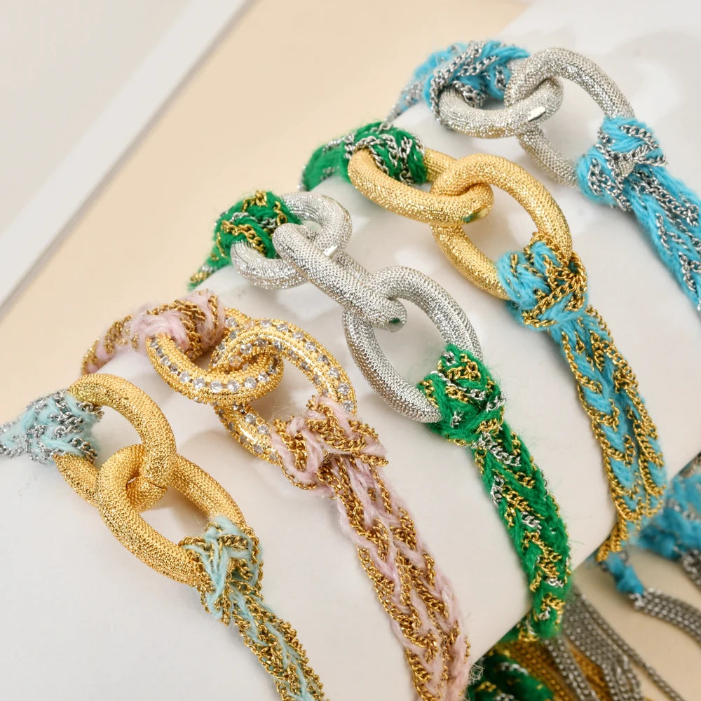 ZMZY Pave Crystal Bohemian Stainless Steel Chain Hand Weave Braided Boho Bracelet Summer Beach Vintage Cotton Rope String Yoga