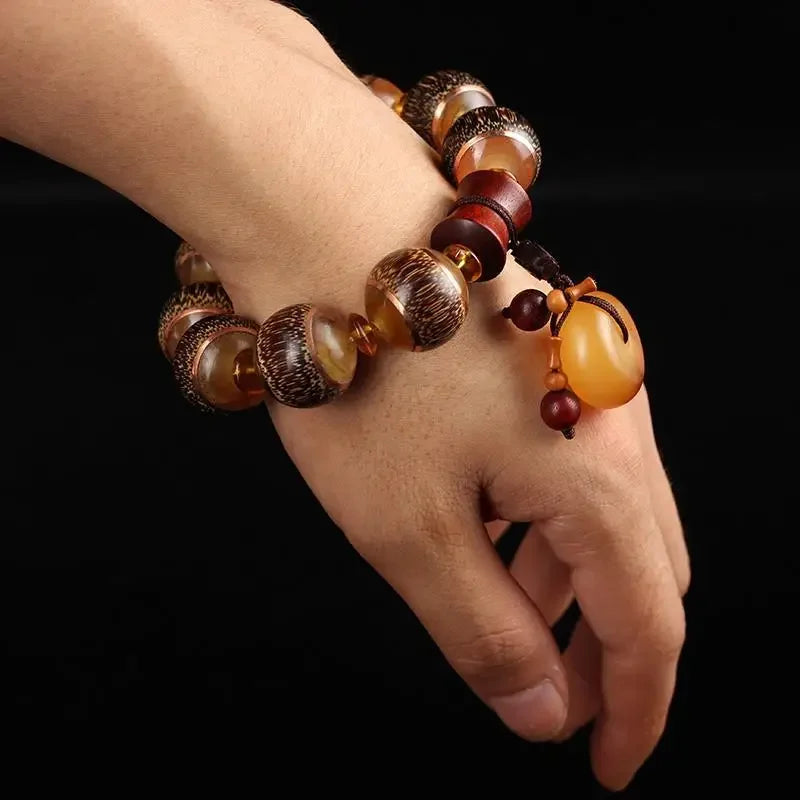 News Natural Dragon Blood Golden Bamboo Inlaid Horn 20mm Round Beads Buddha Beads Bracelet Yak Horn Safe Debit Men's Hand String