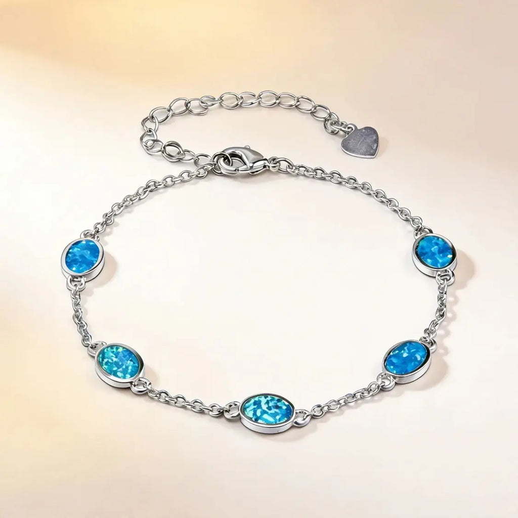 Summer Beach Blue Opal Bracelet,Boho Adjustable Chain Jewelry for Women,Lightweight Shiny Vacation,Pool Party or Tropical Outfit