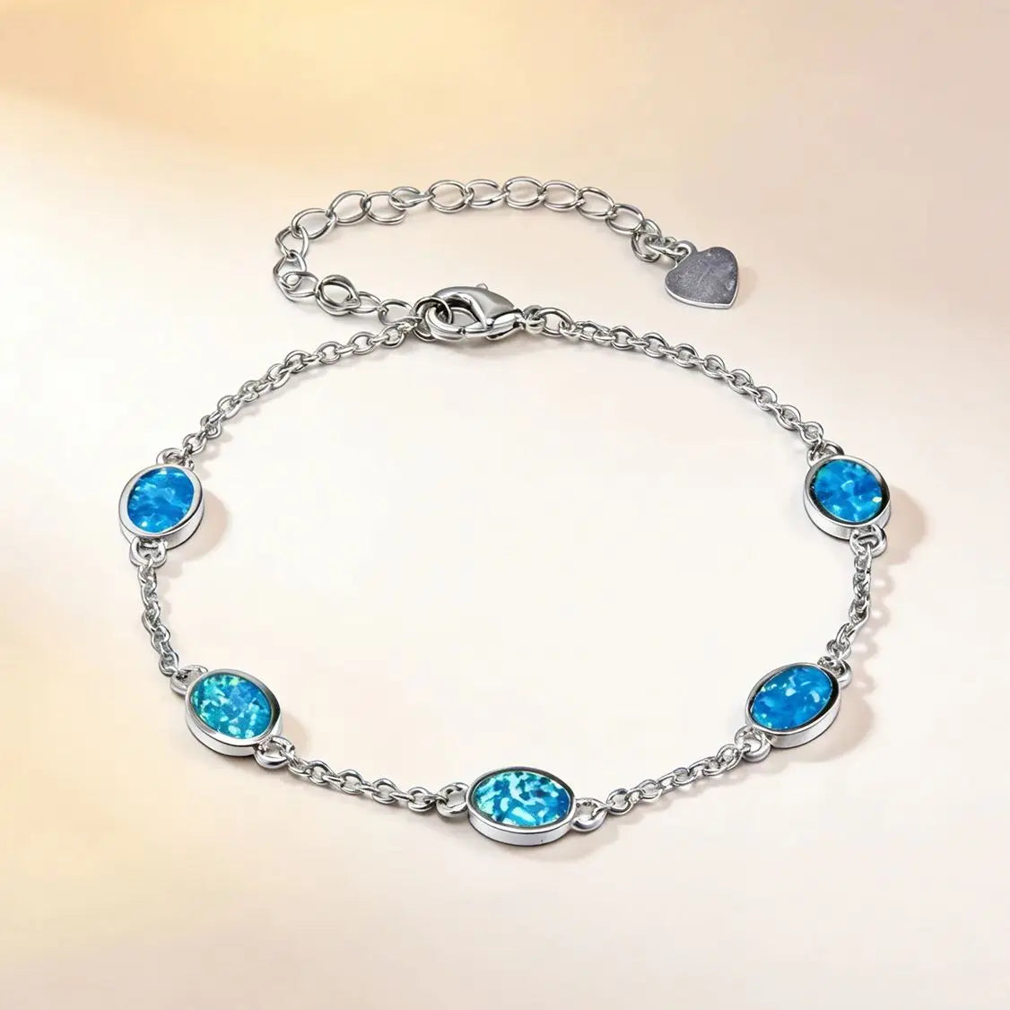 Summer Beach Blue Opal Bracelet,Boho Adjustable Chain Jewelry for Women,Lightweight Shiny Vacation,Pool Party or Tropical Outfit