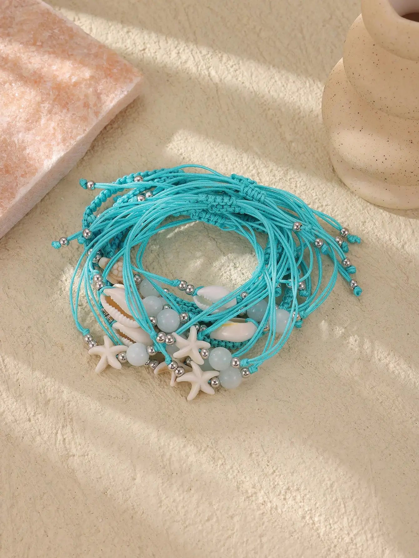 12pcs Turquoise Macrame Bracelet Set with Shell & Starfish Charms