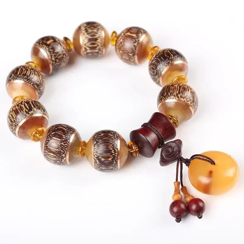 News Natural Dragon Blood Golden Bamboo Inlaid Horn 20mm Round Beads Buddha Beads Bracelet Yak Horn Safe Debit Men's Hand String