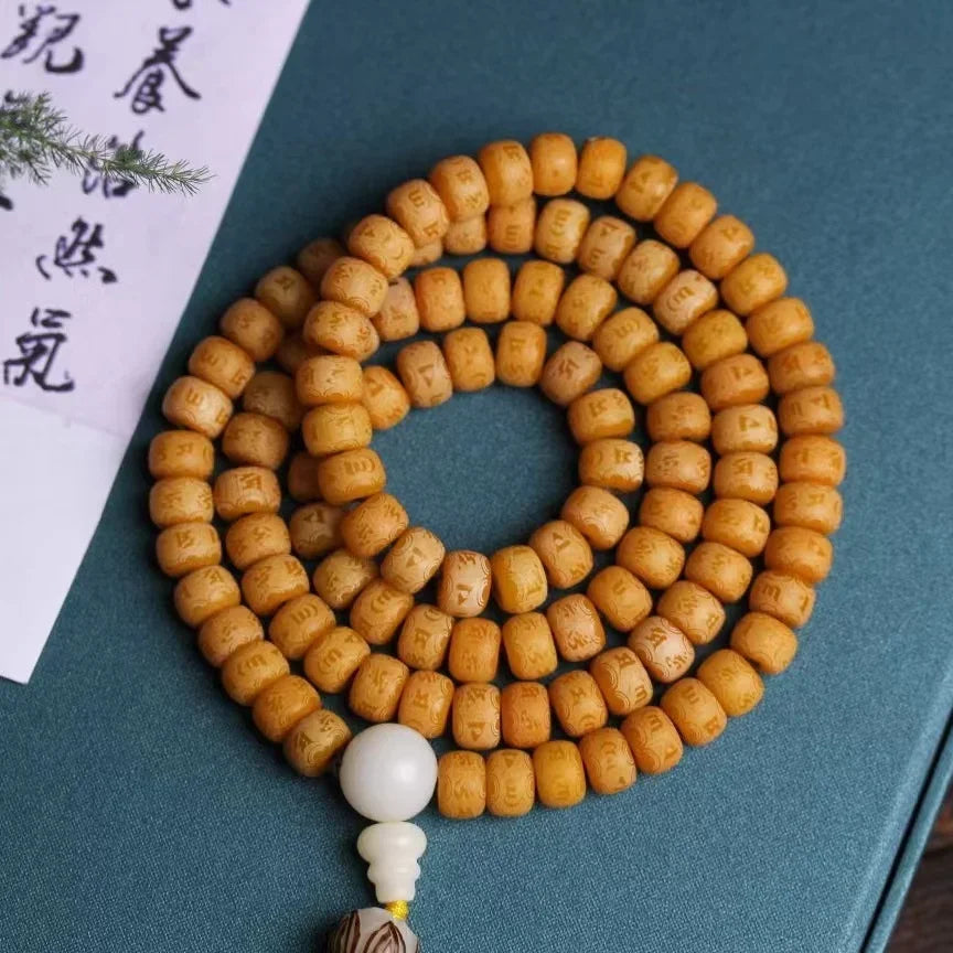 Natural Yellow Bodhi Root Buddha Beads Bracelet White Jade Bodhi 108 Beads Beads Fashion Bodhi Bracelet Jewelry