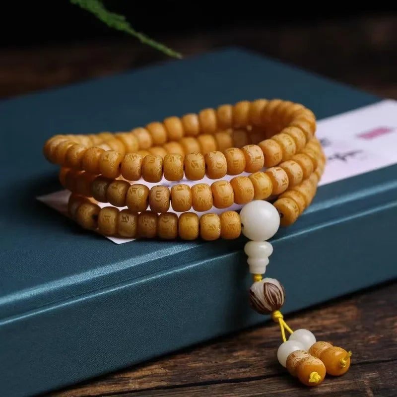 Natural Yellow Bodhi Root Buddha Beads Bracelet White Jade Bodhi 108 Beads Beads Fashion Bodhi Bracelet Jewelry
