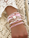 17-Piece Layered Pink Beaded Bracelet Set with Shell Charm and Gold Accents