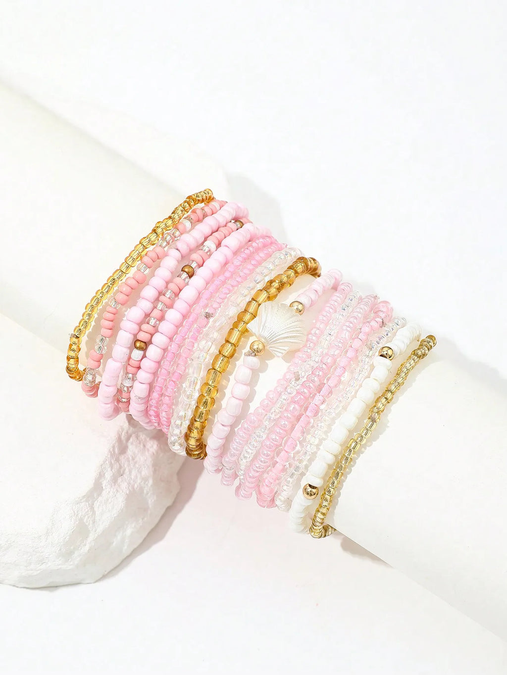 17-Piece Layered Pink Beaded Bracelet Set with Shell Charm and Gold Accents
