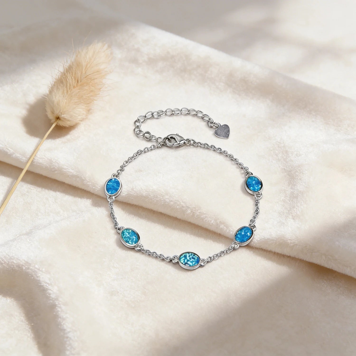 Summer Beach Blue Opal Bracelet,Boho Adjustable Chain Jewelry for Women,Lightweight Shiny Vacation,Pool Party or Tropical Outfit