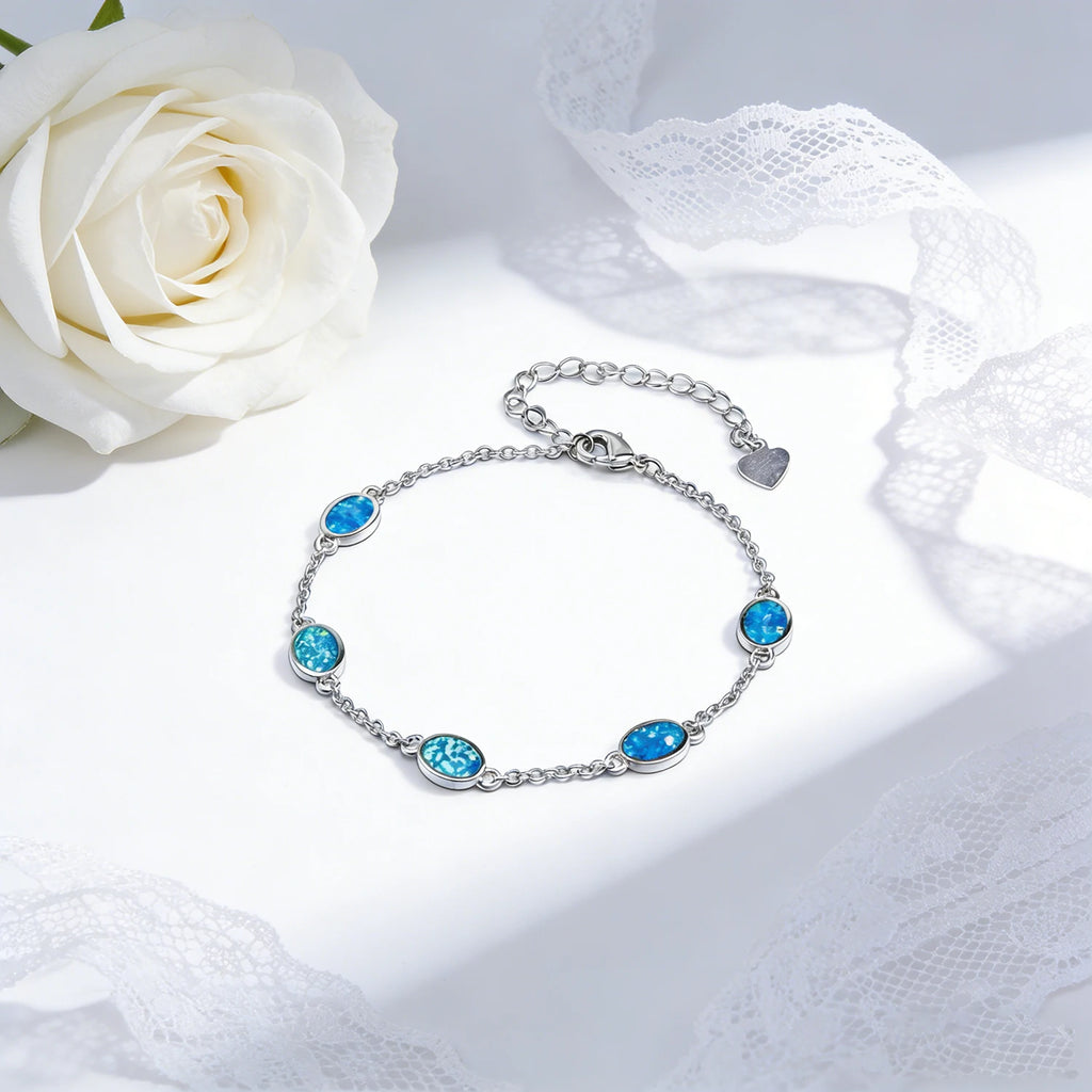 Summer Beach Blue Opal Bracelet,Boho Adjustable Chain Jewelry for Women,Lightweight Shiny Vacation,Pool Party or Tropical Outfit