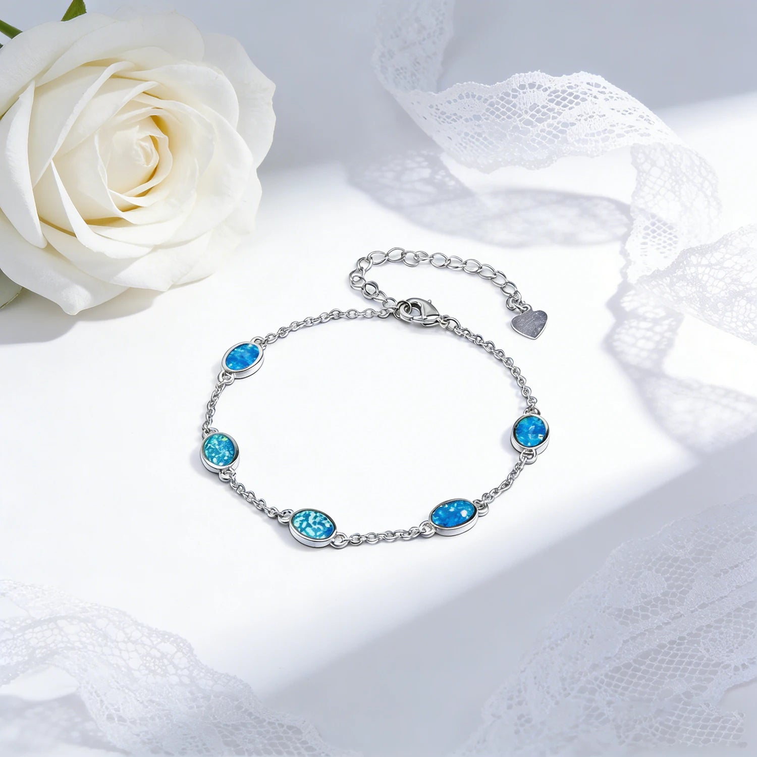 Summer Beach Blue Opal Bracelet,Boho Adjustable Chain Jewelry for Women,Lightweight Shiny Vacation,Pool Party or Tropical Outfit