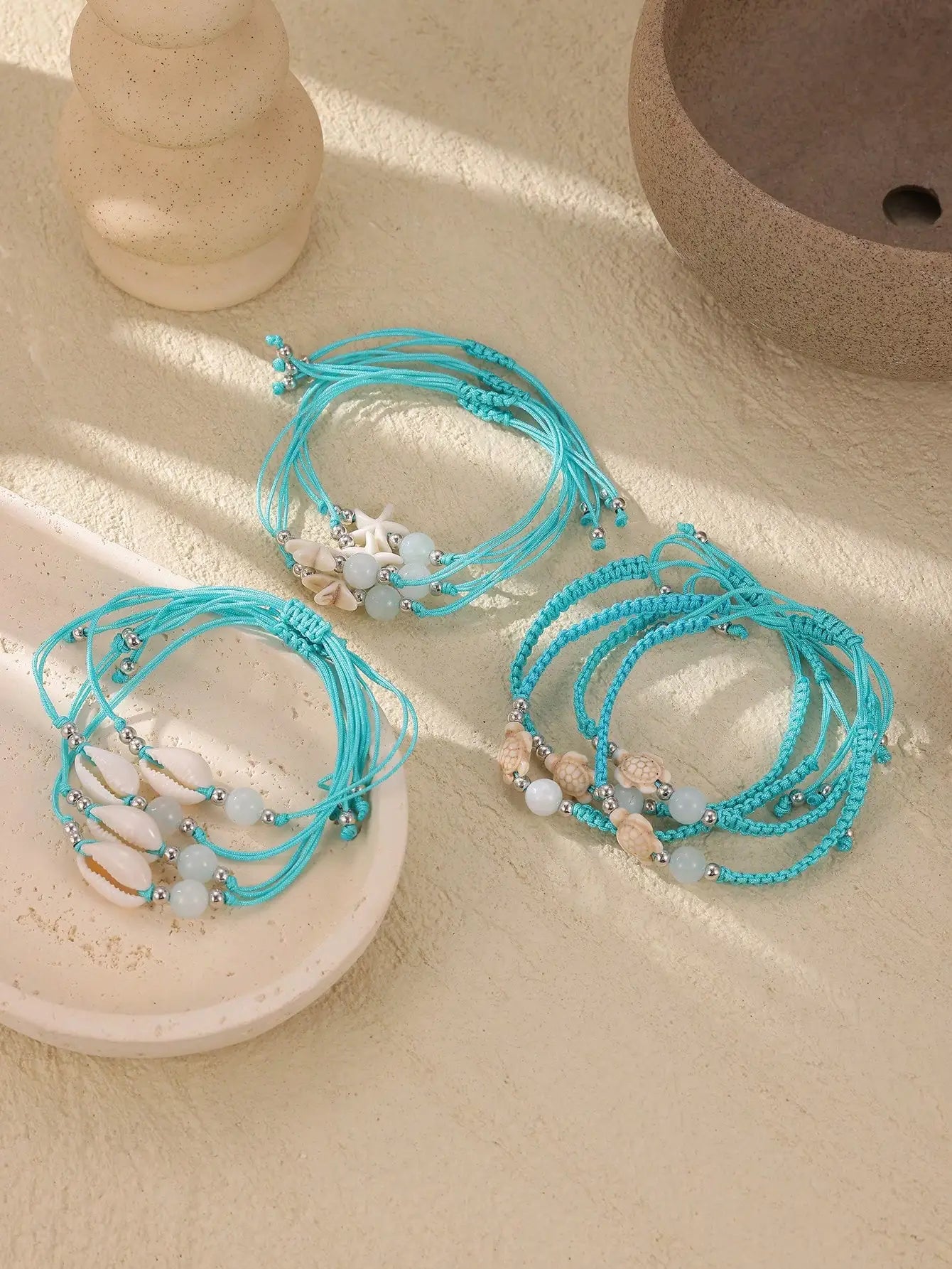 12pcs Turquoise Macrame Bracelet Set with Shell & Starfish Charms