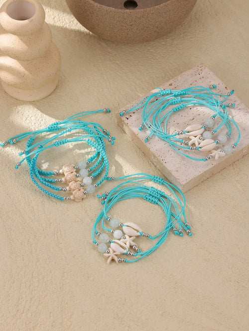 12pcs Turquoise Macrame Bracelet Set with Shell & Starfish Charms