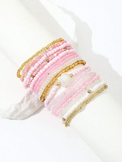 17-Piece Layered Pink Beaded Bracelet Set with Shell Charm and Gold Accents