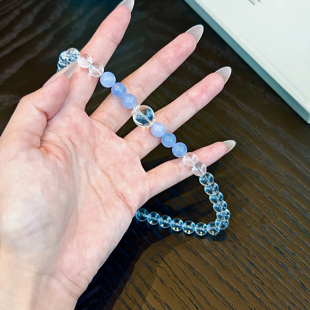 Sea Mist Fresh Aquamarine White Crystal Double Circle Bracelet Simple Exquisite Hand String Ins Purifying Energy White in Summer
